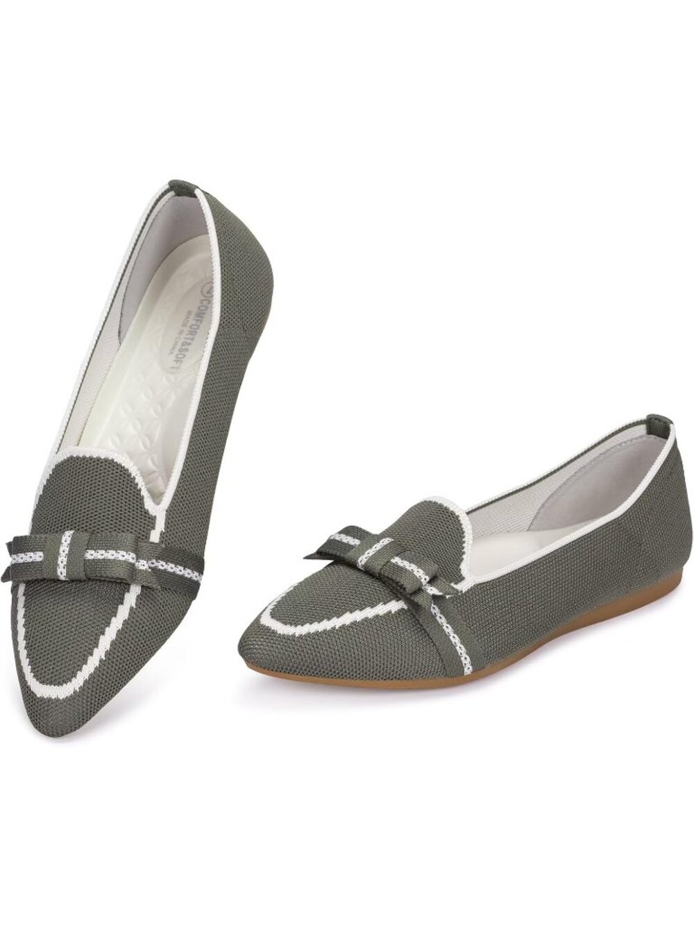 Women's Green/White Pointed Toe Knit Fabric Lace Up Washable Loafer Flat Shoes